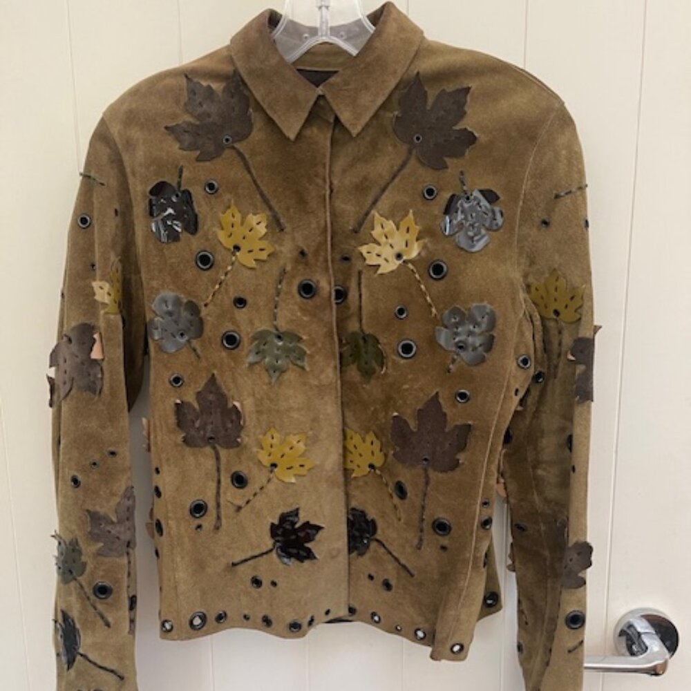 PRADA Suede Leather Jacket with leaves hand sewn on it, unique and rare! size 40